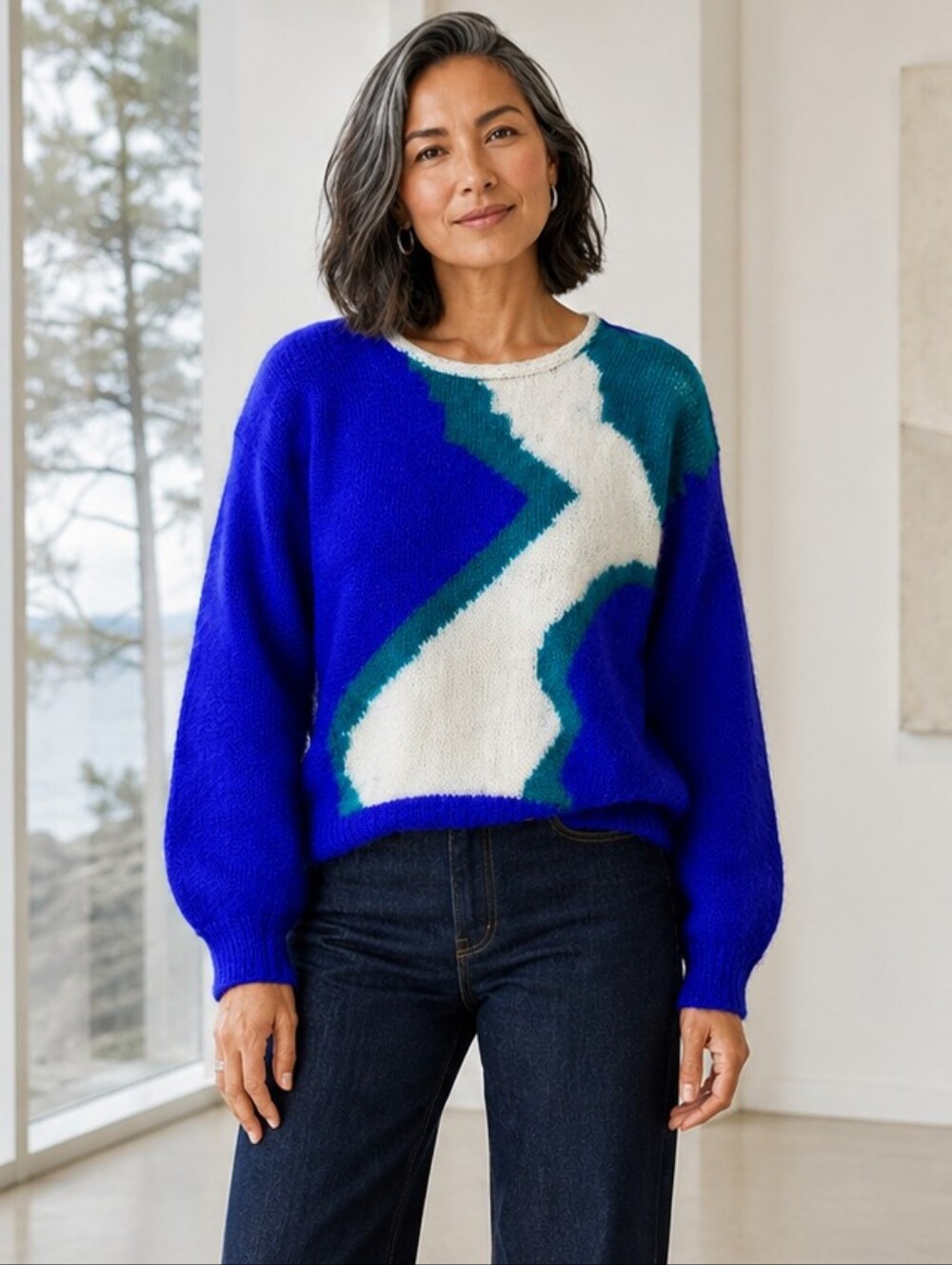 Vintage Handmade 100% Wool Abstract Art Sweater XL Cobalt Blue Green